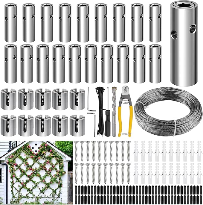 185PCS Wire Trellis for Climbing Plants, Kalolary 100FT Wall Wire Trellis Kit T316 Steel Garden Trellis with Cable & Cutter Wall-Mount Grape Vine Trellis for Outdoor DIY Flower Wall (Cylindrical)