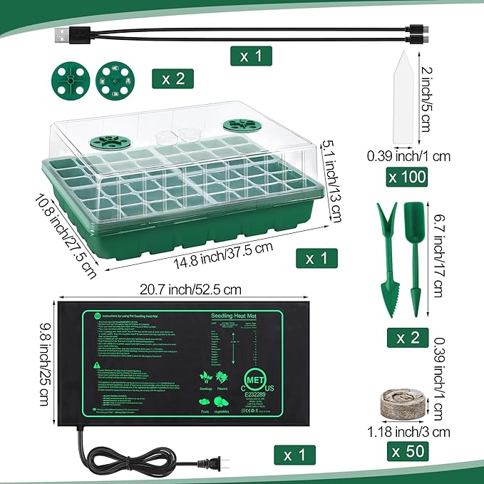 Hahood Seed Starter Kit with Grow Light Seedling Heat Mat 48 Cells Seed Starter Tray with Humidity Dome and Base Germination Trays Plastic Growing Trays Plant Propagation Kit for Seed Starting, Green