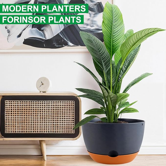 Nooulap 3 Pack Self Watering Planters for Plants Indoor,10 Inch Plant Pot Outdoor Plastic Flower Pot with Drainage and Saucers(Grey)
