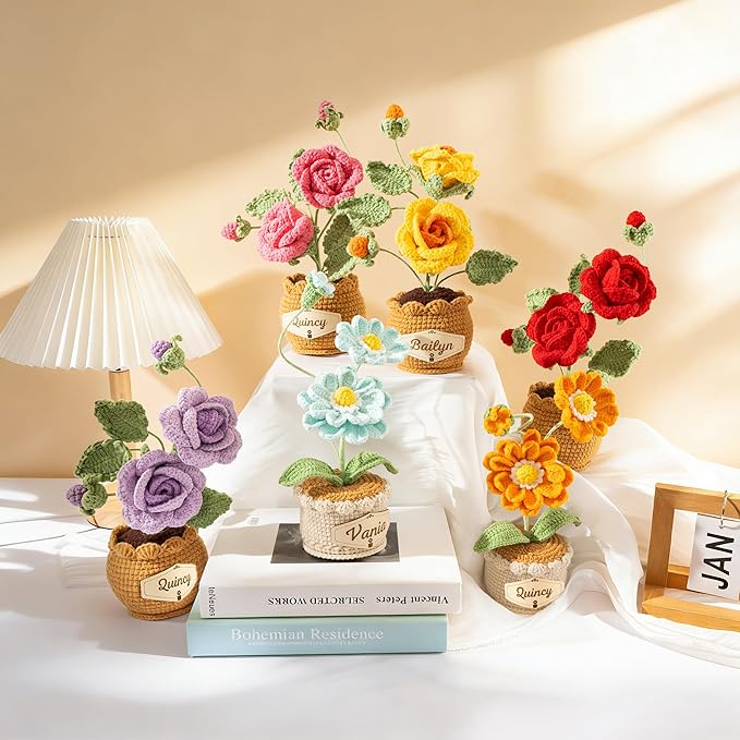 Crochet Flowers with Personalized Leather Name Tag Handmade Knitted Flowers for Home Office Desk Decor Crochet Rose Flower Potted Plant Crochet Gift for Women,Mom,Teacher, Birthday(Purple)