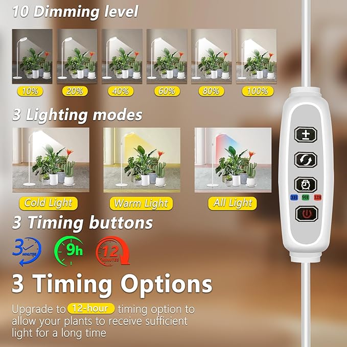 Floor Grow Lights for Indoor Full Spectrum Plant Lighting with Adjustable 67" Stand for Growing Large Tall Plants 3/9/12H Timer,3 Light Modes, 10 Dimming