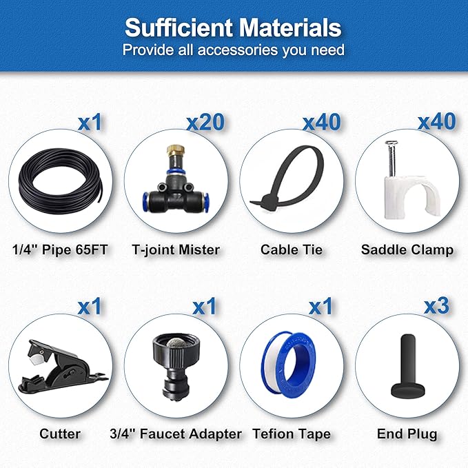 Outdoor Misters for Patio Cooling, Misting System 65Ft (20M), Water Misters for Cooling Multi-Area, Backyard, Garden, Greenhouse, Umbrella, Deck, Canopy, Pool, Porch, Gazebo, Trampoline, BBQ