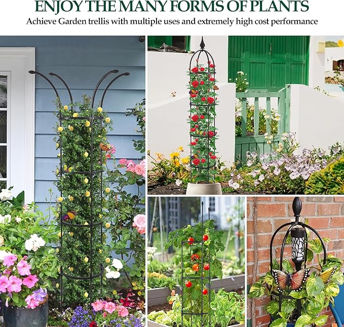 WellSign Garden Obelisk Trellis for Climbing Plants Outdoor, 6.6ft Tall Rustproof Coated Metal Plant Support with Garden Twist Tie for Tomato Cucumber Ivy Vines Rose Potted Plant Trellis 1 Pack