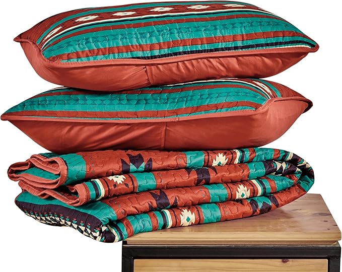 Chezmoi Collection 2-Piece Southwestern Geometric Tribal Quilt Set - Multicolor Red Teal Beige Lightweight Quilted Bedspread Set, Twin (70" x 90")