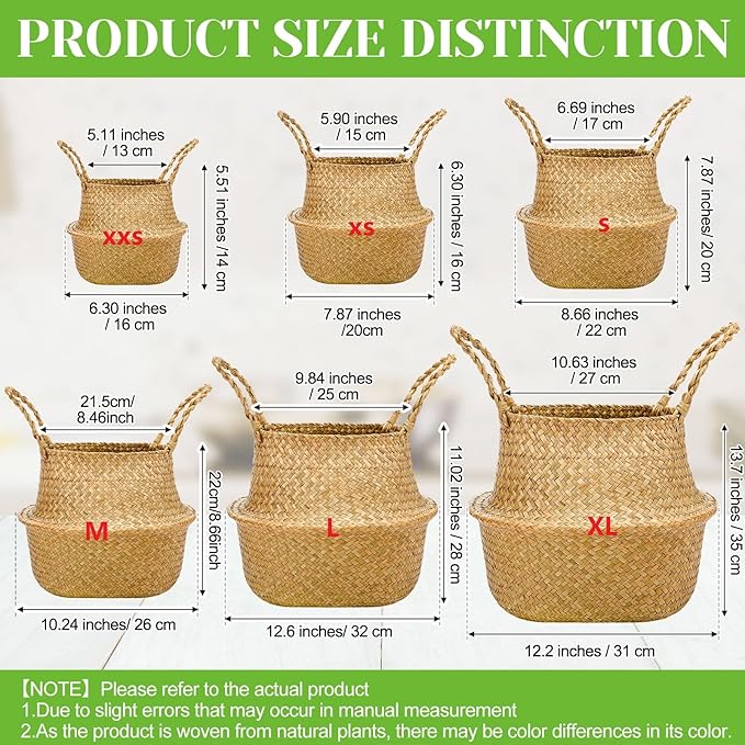 Qunclay 4 Pcs Woven Seagrass Baskets Belly Basket Folding Boho Natural Plant Pot with Handles Round Decorative Wicker Large Indoor Planter for Home Outdoor Tree Planters Decor (M,8.46''dx8.66''h)