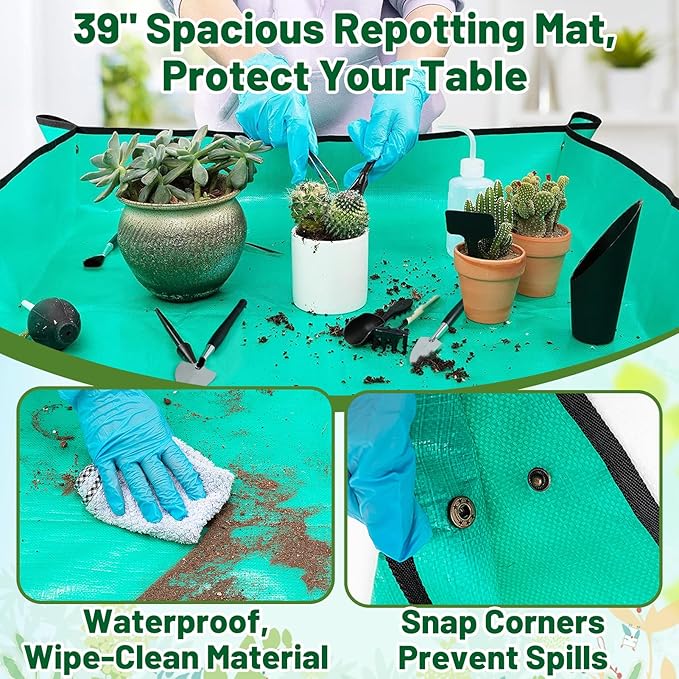 44pcs Small Gardening Tools Gifts for Women Beginners - Garden Hand Tools Set for Indoor Succulent Bonsai Plants Transplanting, Included Bag/Repotting Mat/Shovel/Labels, Green