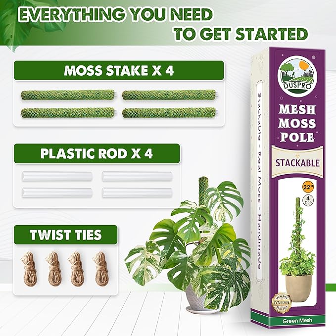 DUSPRO 4 Pack 22" Green Stackable Mesh Moss Pole for Plants – Extendable Up to 71", Natural Forest Moss Pole Monstera Plant Support, Moss Stick for Climbing Plants, Indoor Plant Stakes Accessories