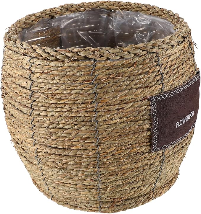 Woven Rattan Flower Basket Planter for Indoor Outdoor Plants, Medium Belly-Shaped Straw Storage Basket with Natural Seagrass, Decorative Plant Pot for Garden and Home Use