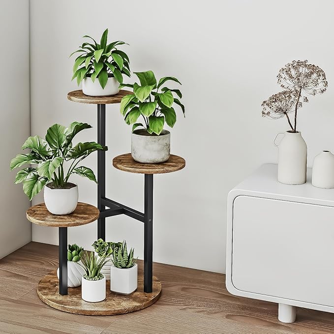 INGIORDAR Plant Stand Indoor Outdoor Corner Plant Shelf for Multiple Flower Pots Flower Stand Holder for Patio Garden Balcony Living Room (Black+Rustic Brown, 4 Tier)