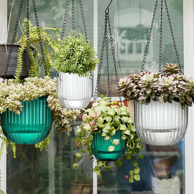 Maxcheck 4 Pcs Self Watering Hanging Planters Indoor Gift 6.5'' 4.5'' Hanging Flower Pots Baskets Outdoor Self Watering Plant with 3hooks Drainage Holes for Home