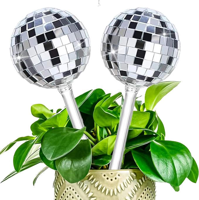 2 Pcs Plant Watering Globes with Disco Ball Decor,Self Watering Bulbs,Self Watering Globes,Sliver Glass Mirror Disco Ball Plant Aqua Bulb,Watering Stakes Spikes Water Bulbs for Indoor Outdoor Plant