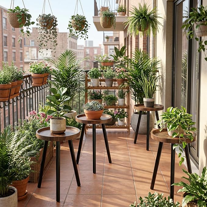 Indoor plant stand, walnut-colored medieval-style wooden plant table, tall planter stand, modern round side table, suitable for living room, bedroom, and balcony decoration (2 pcs)