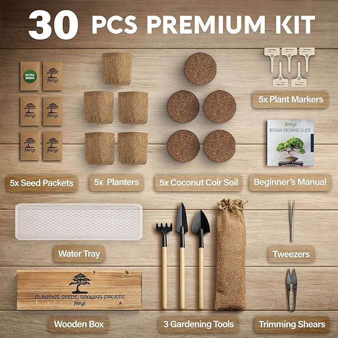 AVERGO Bonsai Tree Kit Deluxe - 5X Unique Japanese Bonzai Trees | Complete Indoor Bonsai Starter Kits from Seeds to Trees – DIY Gardening Gifts for Mother's Day, Women & Men