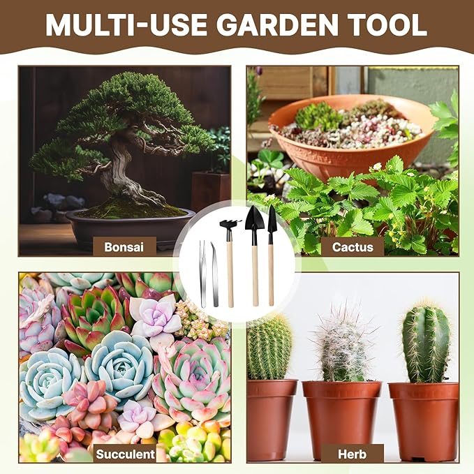 Frienda 7 Pcs Bonsai Tree Kit Garden Bonsai Tools Set Includes Pruning Shears, Mini Rake, Flat Tip Shovel, Pointed Shovel, Spade, Tweezers Gardening Accessories Gift for Beginner Mother Women Men
