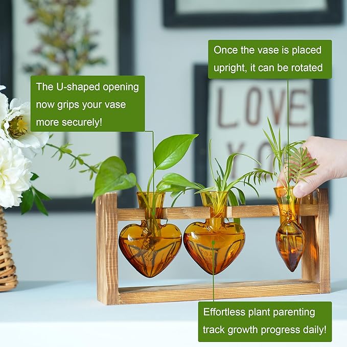 Kingbuy 3-Heart Plant Terrarium Kit - Stained Glass Vase Propagation Station with Vintage Wood Stand - Wall-Mounted Tabletop Indoor Garden Decor for Home Kitchen Wedding Gift for Plant Lover, Amber