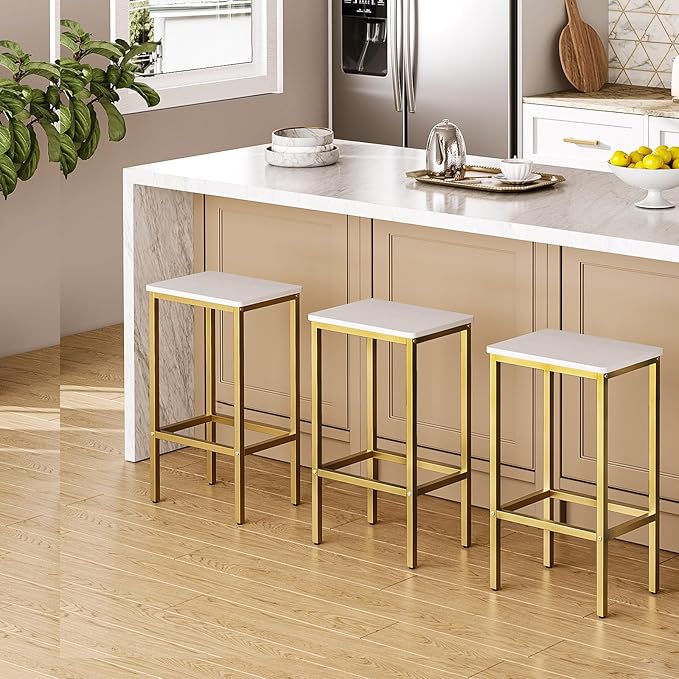 MAHANCRIS Bar Stools, Set of 2 Bar Chairs, Kitchen Breakfast Bar Stools with Footrest, 25.8-Inch Height, Rectangular Industrial Stools, for Dining Room, Easy Assembly, White and Gold BAJW0101