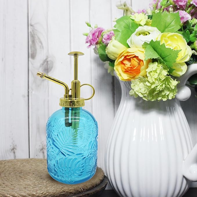 Glass Plant Mister Spray Bottle, 350ML Vintage Plant Spritzer, Succulent Watering Bottle Glass with Top Pump, Small Plants Sprayer Watering Can for Indoor(Blue)