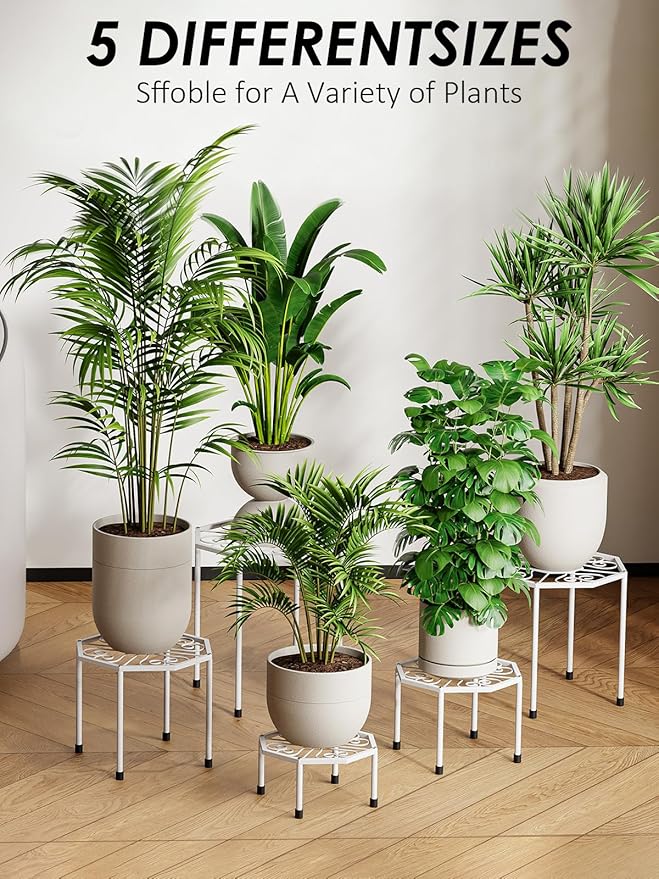 5-Pack Metal Plant Stands for Outdoor Indoor, Anti-Rust Iron Flower Pot Stand, Heavy Duty Plant Pot Shelf for Multiple Plant, Decoration Racks for Home, Patio & Garden (White)