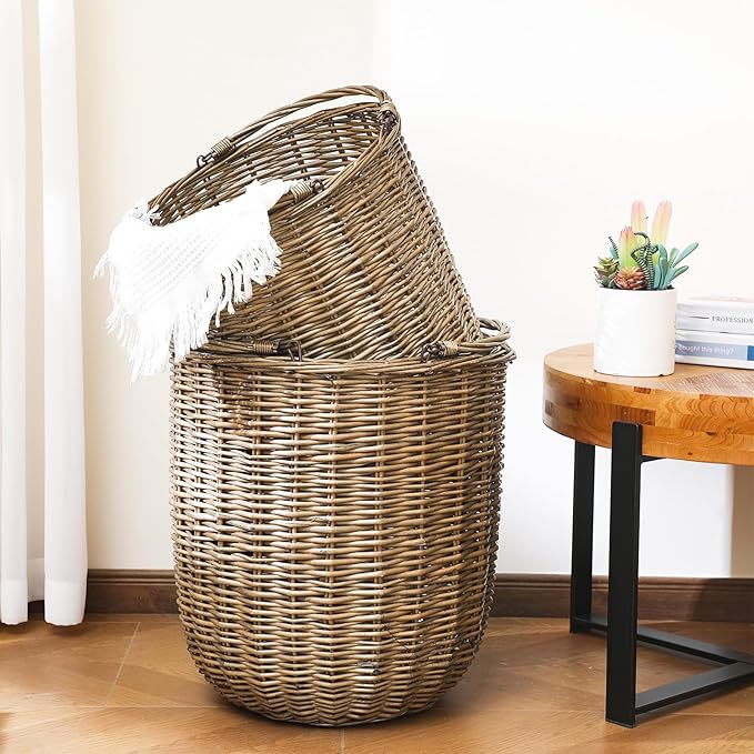 Boao Set of 2 Large Rattan Storage Basket - Round Handwoven Wicker Blanket Organization Baskets with Handles for Home Planter Decor, Laundry Hamper