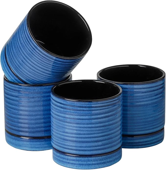 HASENSE Ceramic Plant Pots with Saucers Set of 4, 4.6 Inch Planters for Indoor Plants with Drainage Holes,Blue Flower Pots for Snake Plants & Cactus, Modern Farmhouse Windowsill & Tabletop Decor