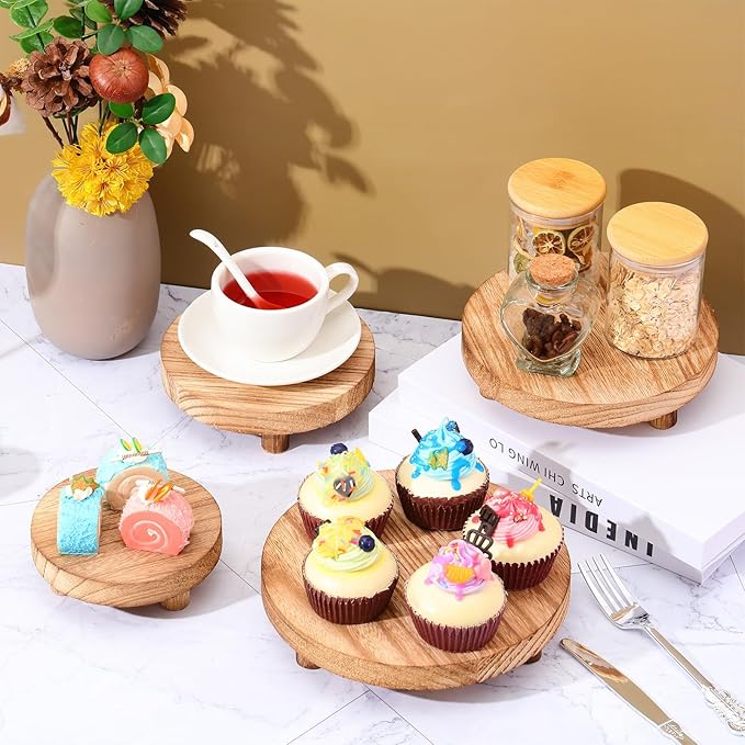 Geetery 4 Pcs Wooden Risers for Display Wood Pedestal Stand Mini Tray Stand Round Wooden Pedestal Holder Rustic Riser for Decor Tiered Tray Decor Home Kitchen, 5/6/7/8 Inch(Light Brown)