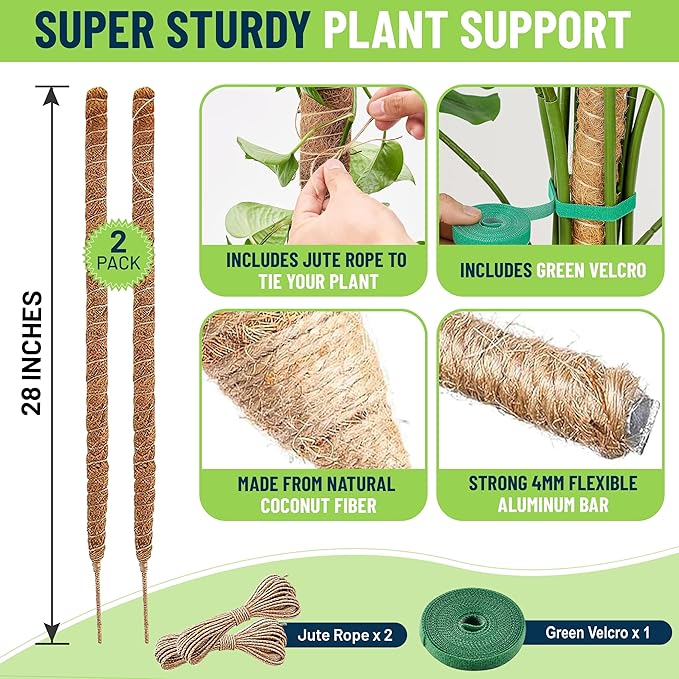 Moss Poles for Climbing Plants – Bendable Stake for Indoor Plants 28 Inch (2 Pack), Monstera Support, Moss Stick, Climbing Plant Support