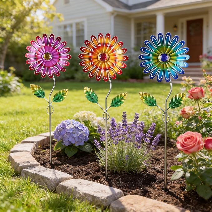 Metal Flower Garden Stakes 3 Pcs, Weatherproof Rust Resistant Yard Art for Outdoor Patio Lawn Pathway Decorations