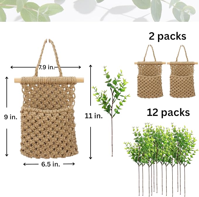 2 Packs Macrame Wall Planters with Artificial Eucalyptus | Macrame Plant Hanger, Wall Plant Holders for Boho, Bathroom, Bedroom & Wall Hanging Decor (2 Packs, Brown)