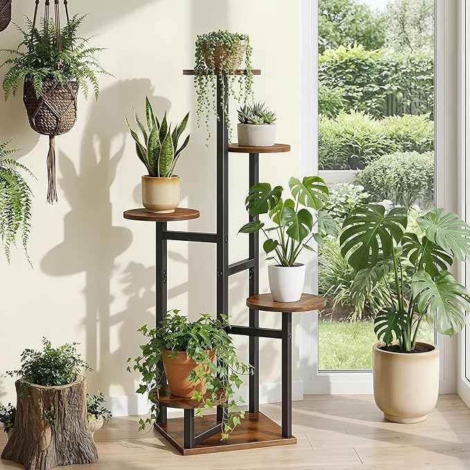HOOBRO 5-Tier Corner Plant Stand Indoor, Round Vertical Plant Shelf for Small Spaces, Space Saving Flower Rack for Living Room, Balcony & Patio, Rustic Brown and Black BF05HJ01