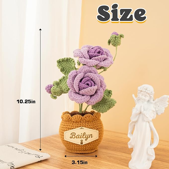 Crochet Flowers with Personalized Leather Name Tag Handmade Knitted Flowers for Home Office Desk Decor Crochet Rose Flower Potted Plant Crochet Gift for Women,Mom,Teacher, Birthday(Purple)