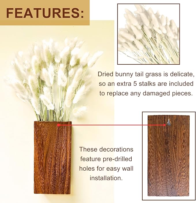 LaLaGreen Wood Wall Planters (8 Inch, 2 Pack) 150 Stalks Rabbit Tail Grass White Dried Flower Wooden Box Vase for Indoor Hanging Planter Modern Rustic Decor Home Living Room Bathroom Trendy Decoration