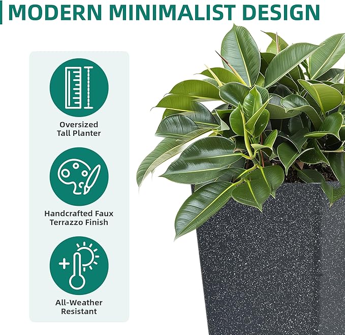 Autodaya 28" Plant Pots Tall Planters for Plants Outdoor Set of 2 Plastic Planter Pot Large Flower Pots Indoor Weather-Resistant for Patio, Porch, Garden, Front Door Christmas Decor Terrazzo Black
