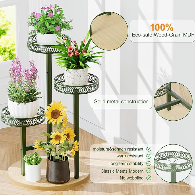 Stand Plants, 3-Tier Metal Plant Stands for Outdoor Indoor Plants,Heavy Duty Flower Pot Stands for Multiple Plants,Decoration Display Racks for Patio Garden -GreenFlower