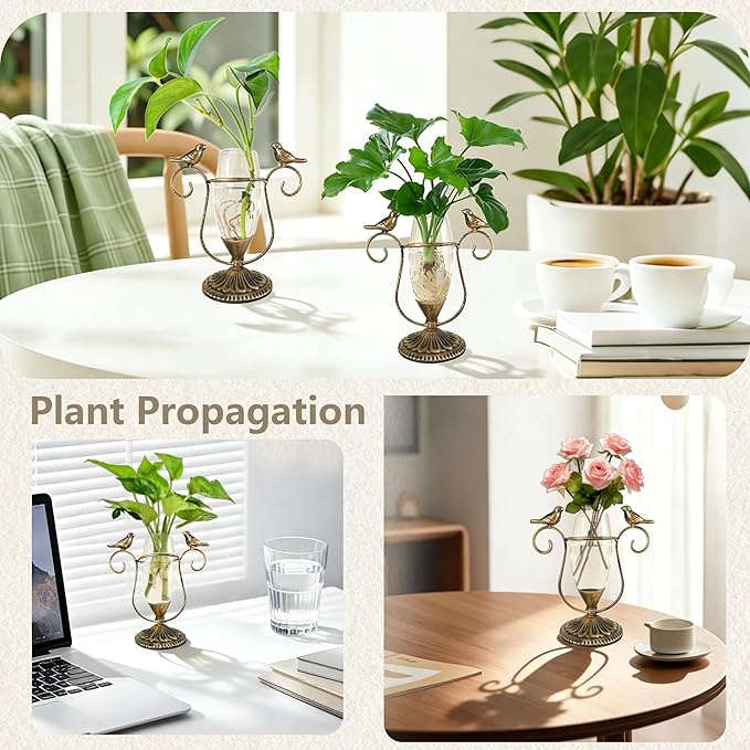 Glass Propagation Vases for Plants, Vintage Hydroponic Plant Propagation Station Terrarium, Retro Bird Gardening Gifts for Women Men Plant Lovers (Gold)