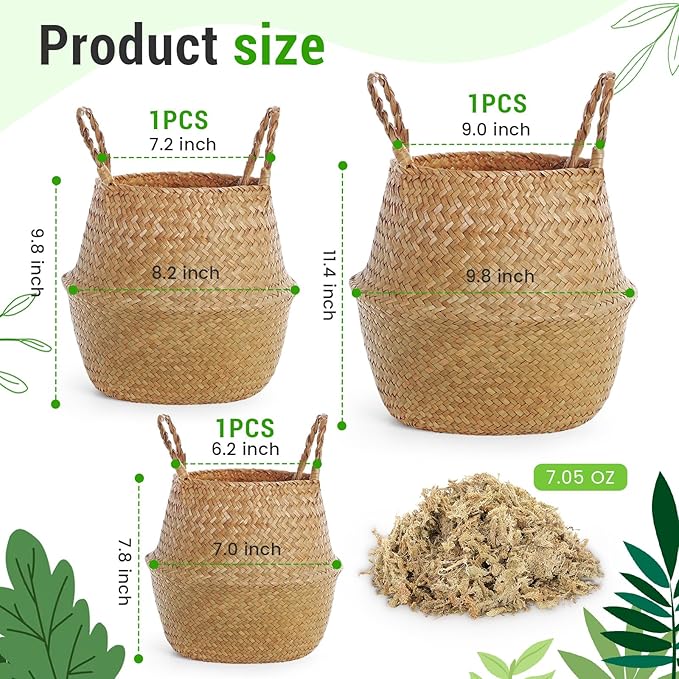 Knitgrip Large Wicker Plant Basket with Handle 10 Inch Woven Seagrass Belly Basket and Artificial Moss for House Plants Picnic Grocery Laundry Storage Home Decor(Small, Medium, Large,Original,3 Pack)