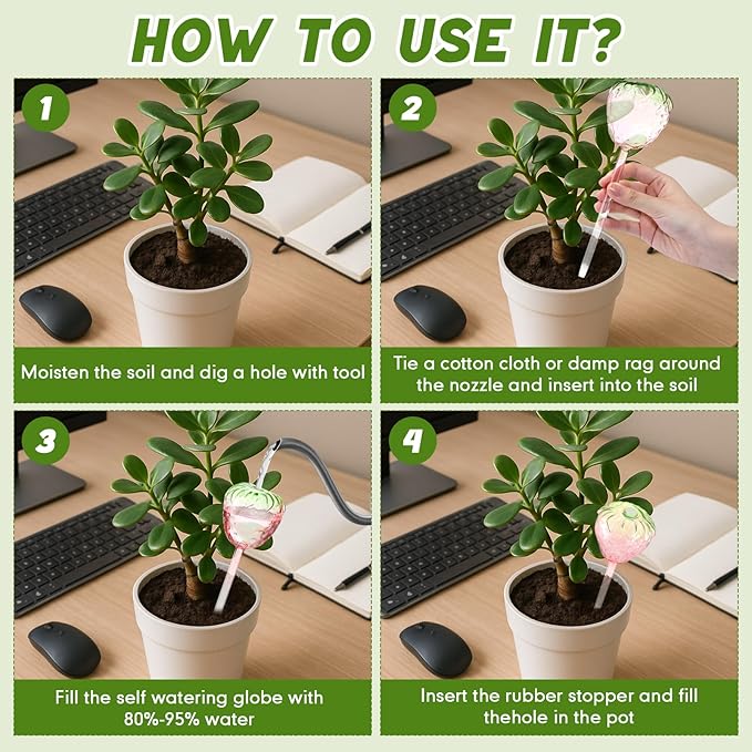 Vesici 4 Pcs Strawberry Watering Globes for Plant Self Top-Fill Watering Planter Insert Large Glass Bulb Waterer for Travel Vacation Indoor Outdoor Plants