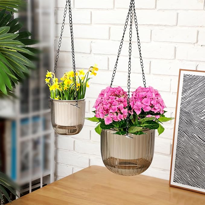 Maxcheck 4 Pcs Self Watering Hanging Planters Indoor Gift 6.5'' 4.5'' Hanging Flower Pots Baskets Outdoor Self Watering Plant with 3hooks Drainage Holes for Home
