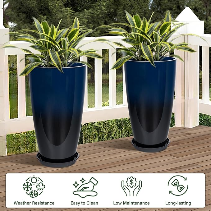 Neoaider Set of 2 Lightweight Ceramic-Look Tall Planter, 21 inch Large Plastic Planter with Drain Hole & Saucers, Large Outdoor Planters for Porch, Garden, Patio, Balcony(Dark Blue)
