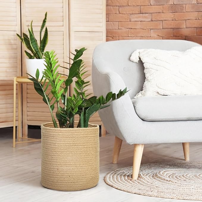 MEGASKET Woven Jute Plant Basket, Wicker Basket Planter for 10 inch Pot, Round Indoor Tree Pot Cover, Small Boho Storage Bin Organizer, Rustic Baskets for Plants and Home Decor, 11”X11”