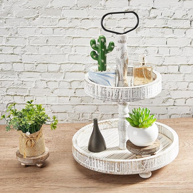 Yalikop Set of 2 Mini Wood Risers for Decor Round Wooden Riser Small Wooden Stool Display Stand Farmhouse Rustic Wood Pedestal for Plant Pot Tiered Tray Decor Cake Food Collection Display(Brown)