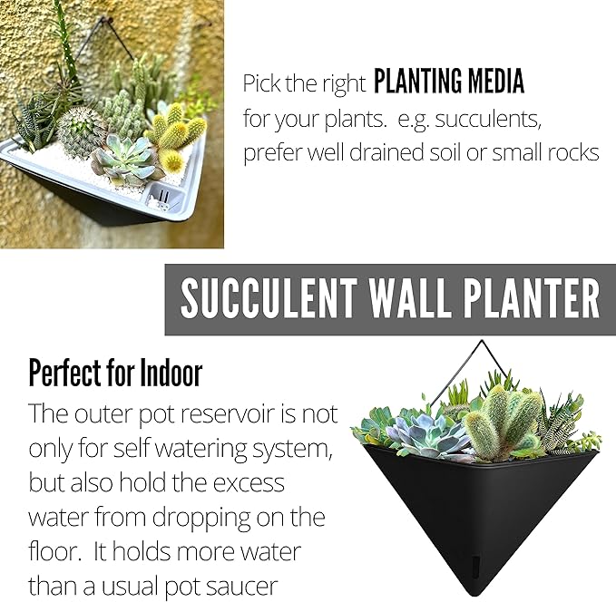 LaLaGreen Wall Planters - 4 Pack, 12 Inch Large Self Watering Black and Gray Mixed Color Geometric Indoor Vertical Garden Plant Wall Hanging Flower Vase Vessel with Black Metal Hanger Modern Stylish