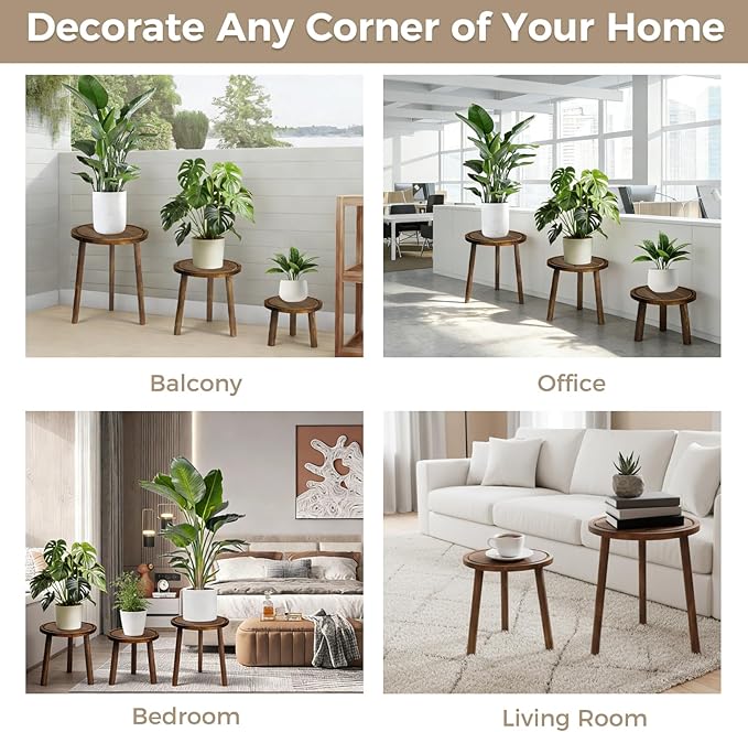 Janedream 3-Pack Wooden Plant Stands, Small Indoor Plant Stool Set, Round Wood Flower Pot Holders for Corner Display, Living Room, Balcony & Office