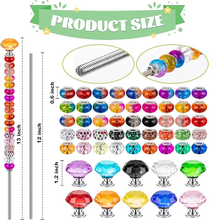 230 Pcs Beaded Garden Stakes, 12IN Fairy Wand Garden Stake Beads Kits with 200 Colorful Assortment Round Large Hole Beads with 10 Crystal Stopper Top,10 Threaded Rod and 10 Nuts for Outdoor Decoration