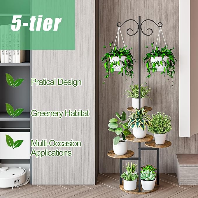 INGIORDAR Plant Stand Indoor Outdoor Corner Plant Shelf for Multiple Flower Pots Flower Stand Holder for Patio Garden Balcony Living Room (Black+Rustic Brown, 5 Tier with Hook)