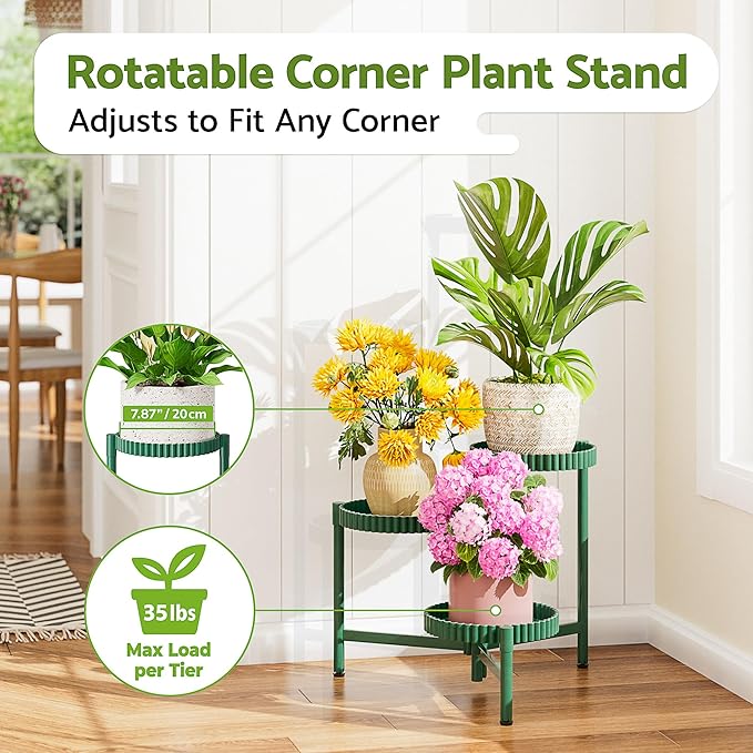 Plant Stand Indoor Outdoor, 3 Tier Corner Metal Flower Display Holder Shelf, Folding Tall Plant Rack for House Patio Balcony Porch Living Room, Heavy Duty Anti-Rust Wrought Iron - GreenFloroma