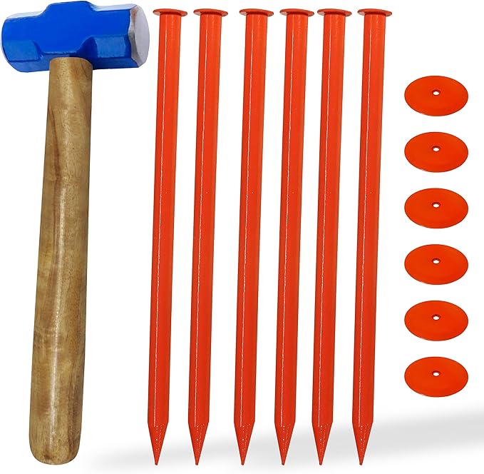 FEBTECH - Septic Tank Marker - 2.3" x 7" - Suitable Property line Markers for Protecting Your Septic Tank and Property Boundary with Solid and Sturdy Survey Stakes - Pack of 6 Pcs + 1 Hammer