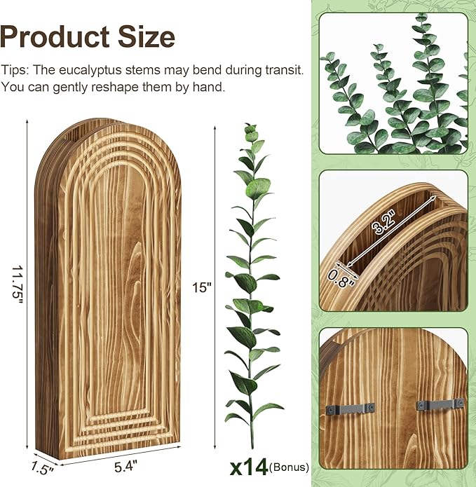 2 Pack Wooden Wall Vase with 14 Fake Eucalyptus for Modern Farmhouse Decor, Boho Art Wall Decor, Wall Planters for Indoor Plants for Bathroom, Kitchen, Bedroom, Dining/Living Room, Wall Plant Holder