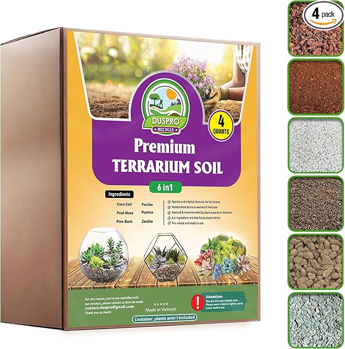 DUSPRO Recycle Premium 6in1 Terrarium Soil Mix – Pre-Mixed Terrarium Substrate Mix for Terrariums, Balanced Moisture Growing Medium with Coco Coir, Peat Moss, Pine Bark, Perlite, Pumice & Zeolite 4QRT
