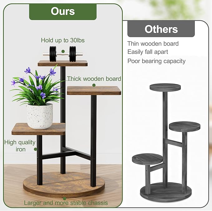 3 Tier Square Wood Plant Stand Indoor Outdoor, Wood Tall Plant Rack, Heavy Duty Wrought Iron Flower Pot Stand, Planter Display Rack for Living Room Balcony Garden Patio - BlackSquare