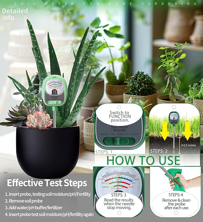 HSLGOVE 4-in-1 Soil Test Kit – Soil Moisture Meter, pH, Fertility & Sun-Light, No Battery Required, Large Dial Soil Tester for Indoor & Outdoor Gardening, Lawn, Farm –Mint Green